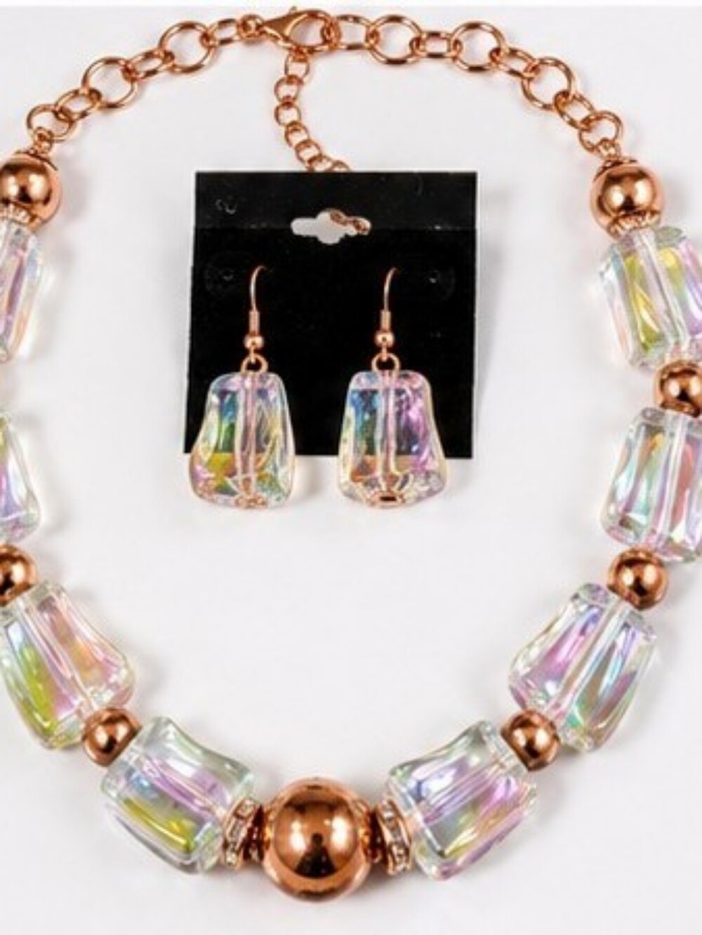 Vintage Y2K Iridescent Lucite Necklace & Earring Set Copper Tone AB Statement - Picture 2 of 7